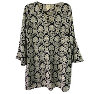 Pink Owl Womens Small Dress Black & Cream Print Bell Sleeve Boho V Neck